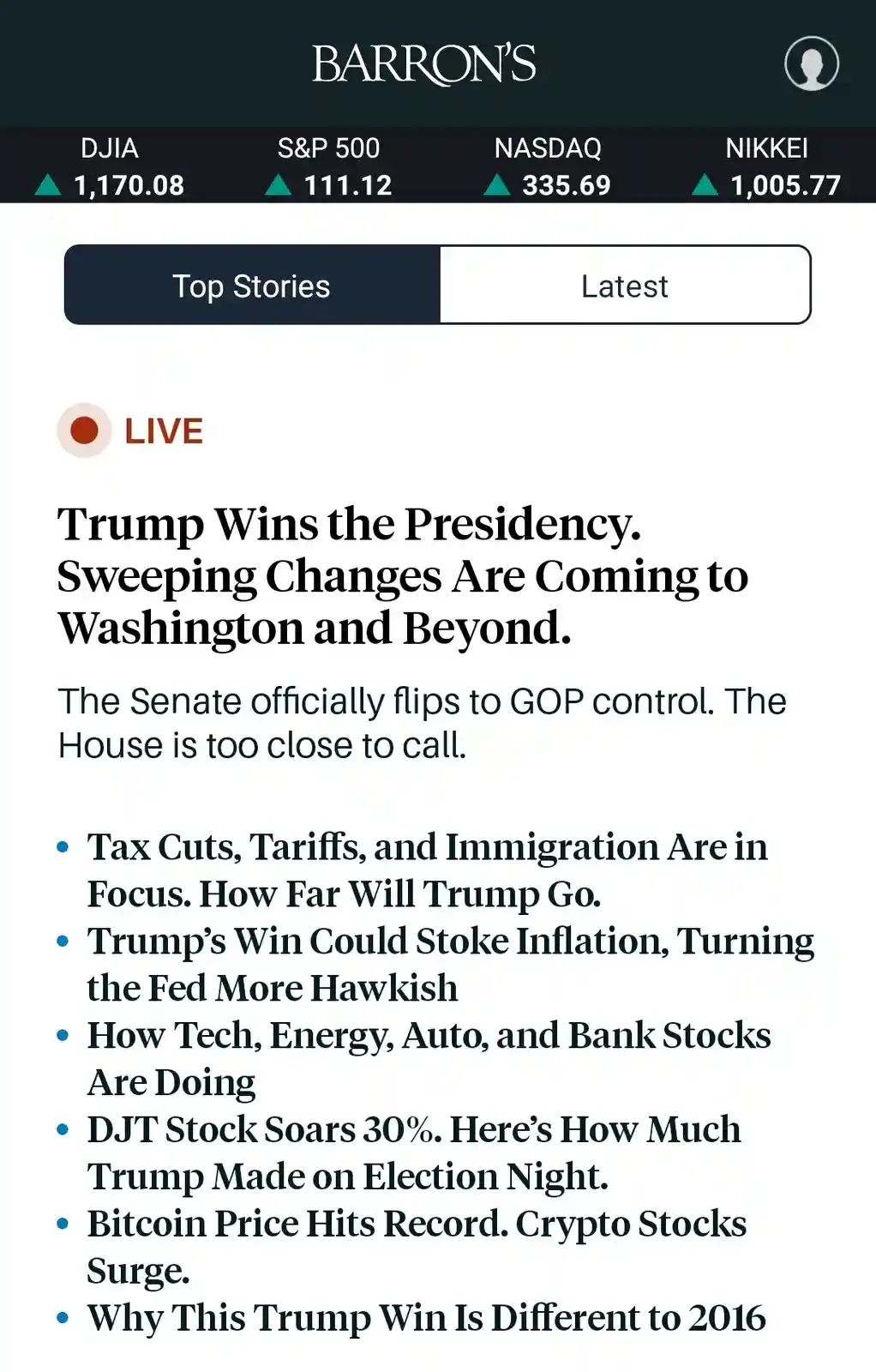 A screenshot of Barron's financial news app shows a 'LIVE' headline declaring 'Trump Wins the Presidency. Sweeping Changes…
