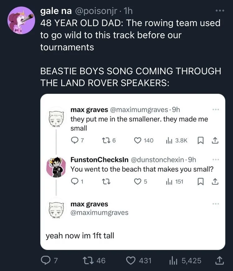 A screenshot of a Twitter thread where a user named max graves jokes that a Beastie Boys song made him 'small' and then '1ft…