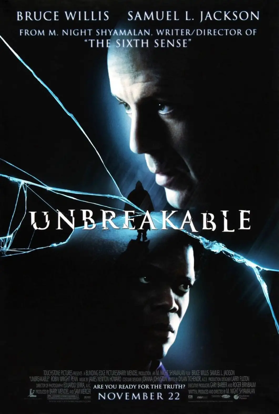 A movie poster for 'Unbreakable' featuring Bruce Willis and Samuel L. Jackson with a shattered glass effect overlaying their…