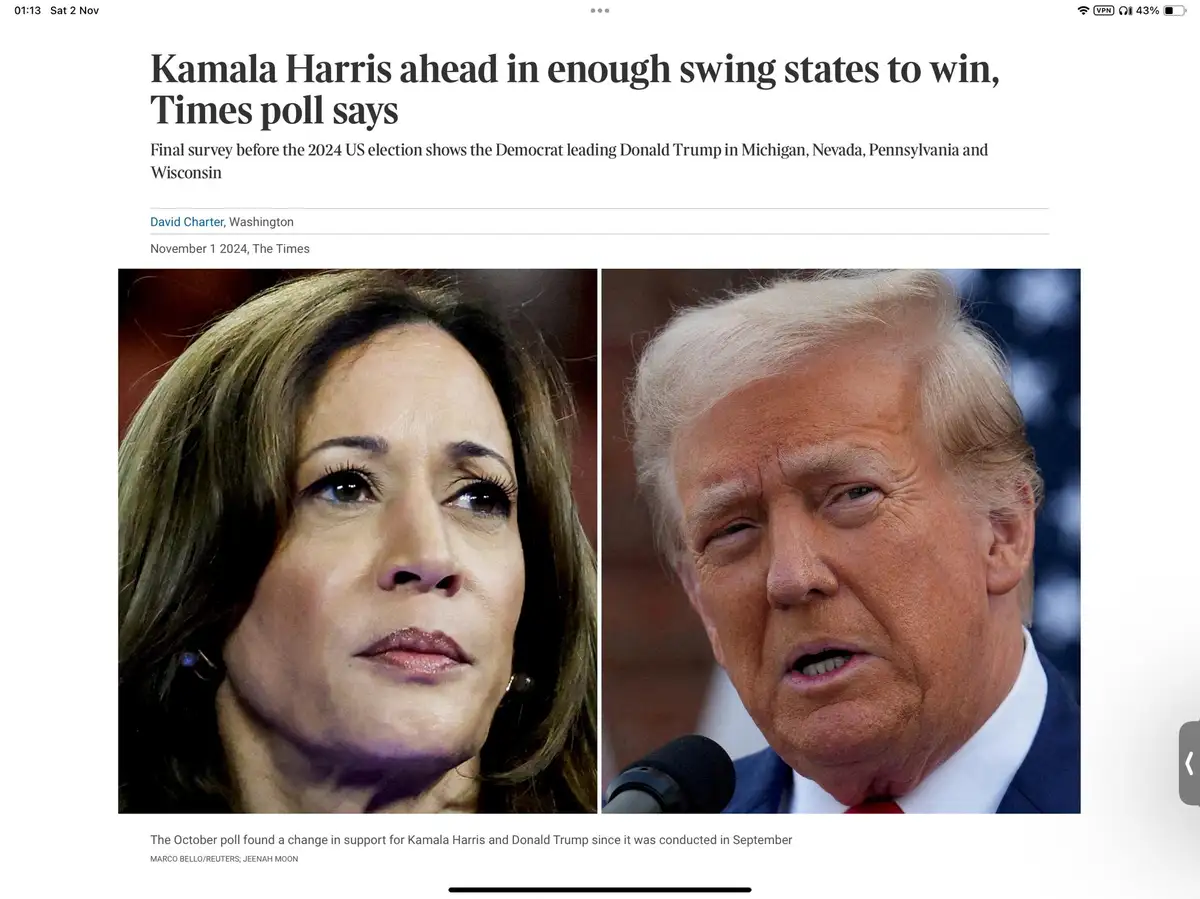 A screenshot of a The Times news article from November 1, 2024, showing side-by-side photos of Kamala Harris and Donald…