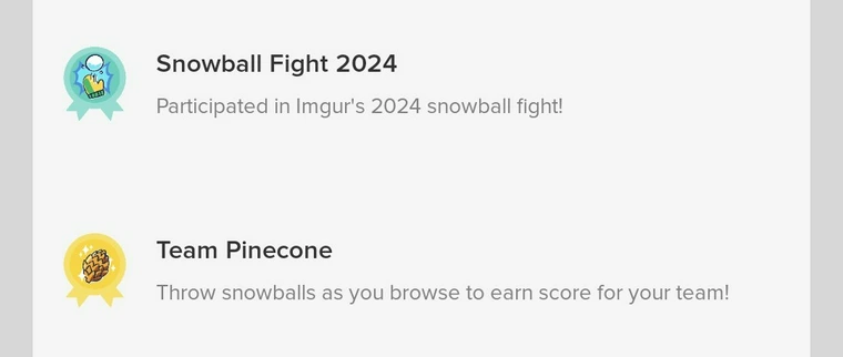 A screenshot of an Imgur snowball fight event interface showing two achievements: 'Snowball Fight 2024' with a blue ribbon…