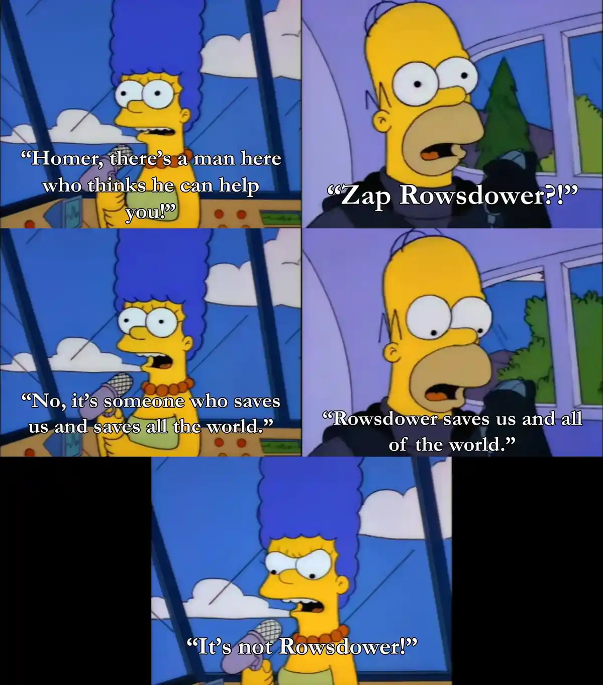 This meme features Homer Simpson reacting with shock to a radio announcement about a man named Rowsdower who supposedly…