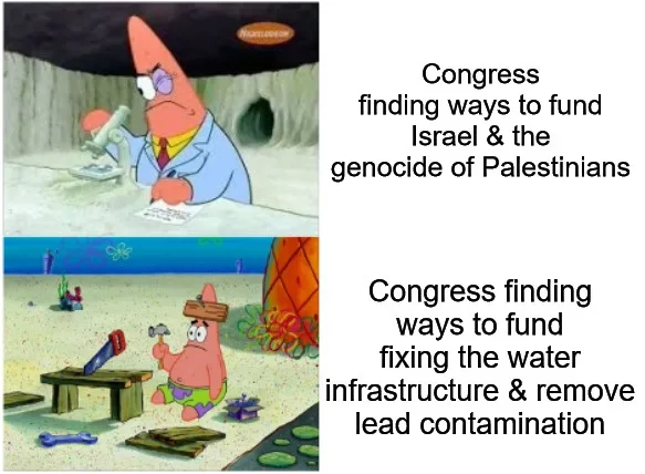 The image shows two panels of Patrick Star from SpongeBob SquarePants. In the top panel, he wears glasses and a lab coat…