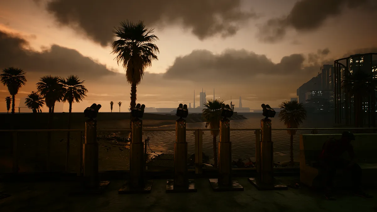 A dimly lit, atmospheric scene from a video game, showing a row of coin-operated binoculars overlooking a waterfront with…