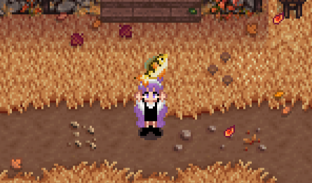 A pixelated character from Stardew Valley, wearing a purple robe and holding a golden sword, stands in a field with autumn…