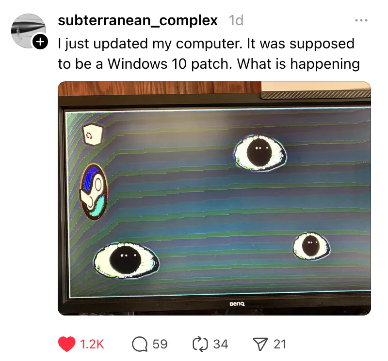 A screenshot of a computer monitor displaying a glitched screen with three cartoonish eyes staring out, alongside a…
