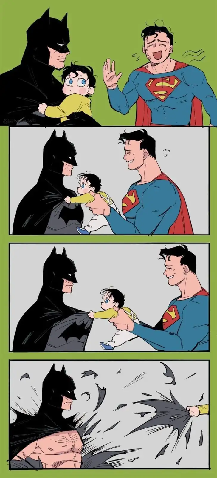 A four-panel comic strip shows Batman holding a baby version of Superman while Superman laughs and tries to take the child…