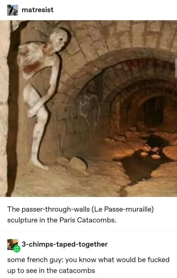A photograph of a distorted, emaciated human-like sculpture embedded in a stone wall within the Paris Catacombs, with…