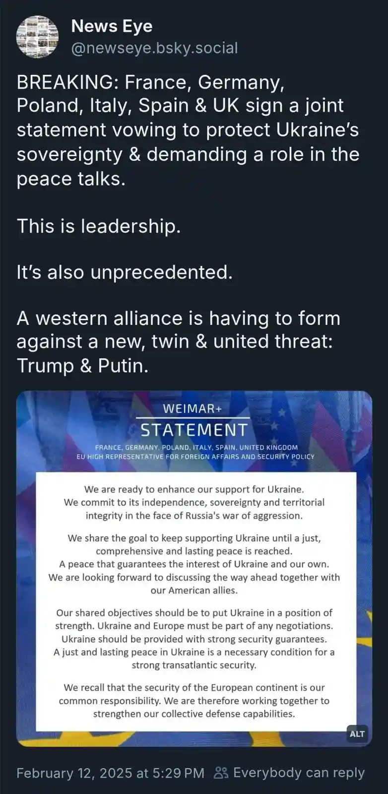 A screenshot of a social media post by 'News Eye' shows a fabricated 'WEIMAR+ STATEMENT' from France, Germany, Poland…
