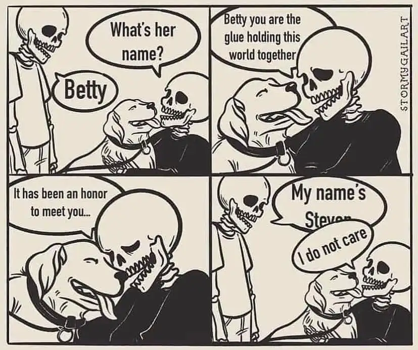 A four-panel black-and-white comic strip featuring a skeleton and a dog. In the first panel, the skeleton asks the dog…