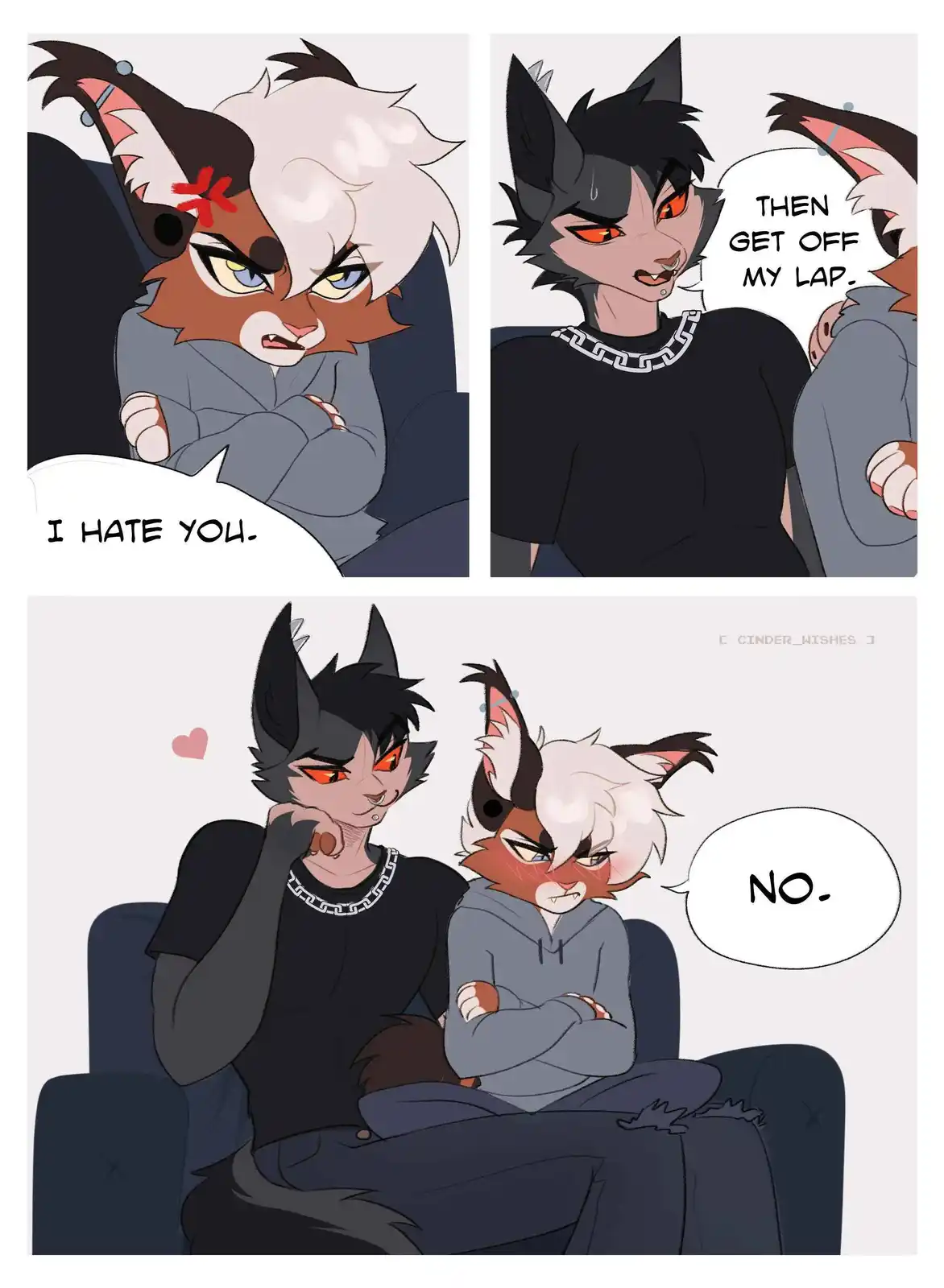 A three-panel comic featuring two anthropomorphic fox characters. In the first panel, a white-and-brown fox with a red 'X'…