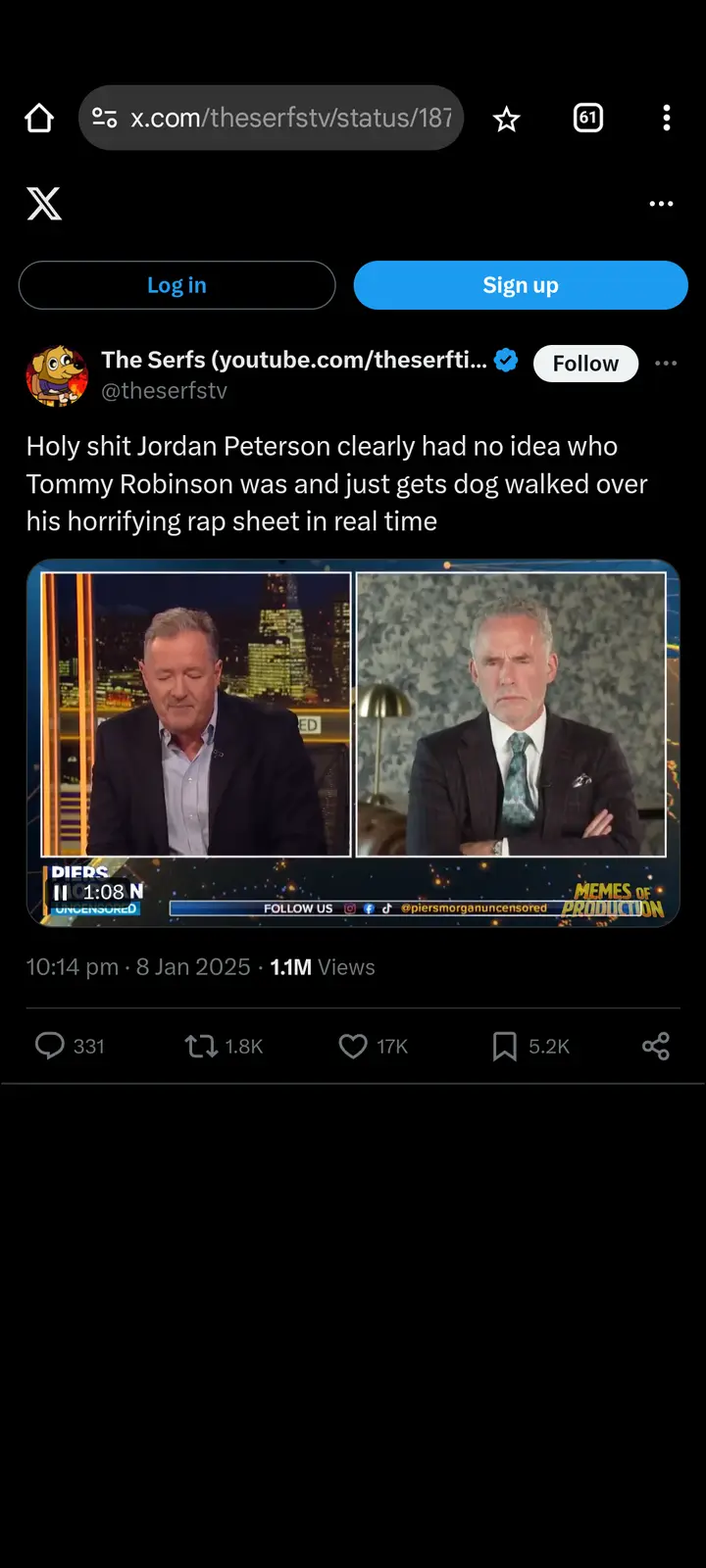 A screenshot of an X post by 'The Serfs' featuring a split-screen video of Piers Morgan and Jordan Peterson. The overlaid…