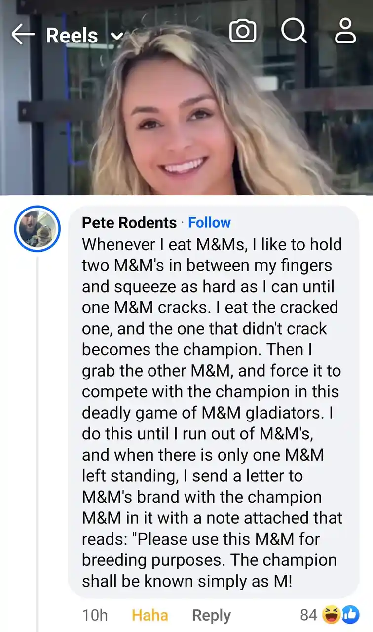 The image shows a screenshot of an Instagram Reels comment by user 'Pete Rodents'. The comment describes a bizarre ritual…