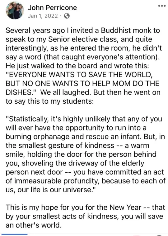 A screenshot of a Facebook post by John Perricone dated January 1, 2022, featuring a story about a Buddhist monk who wrote…