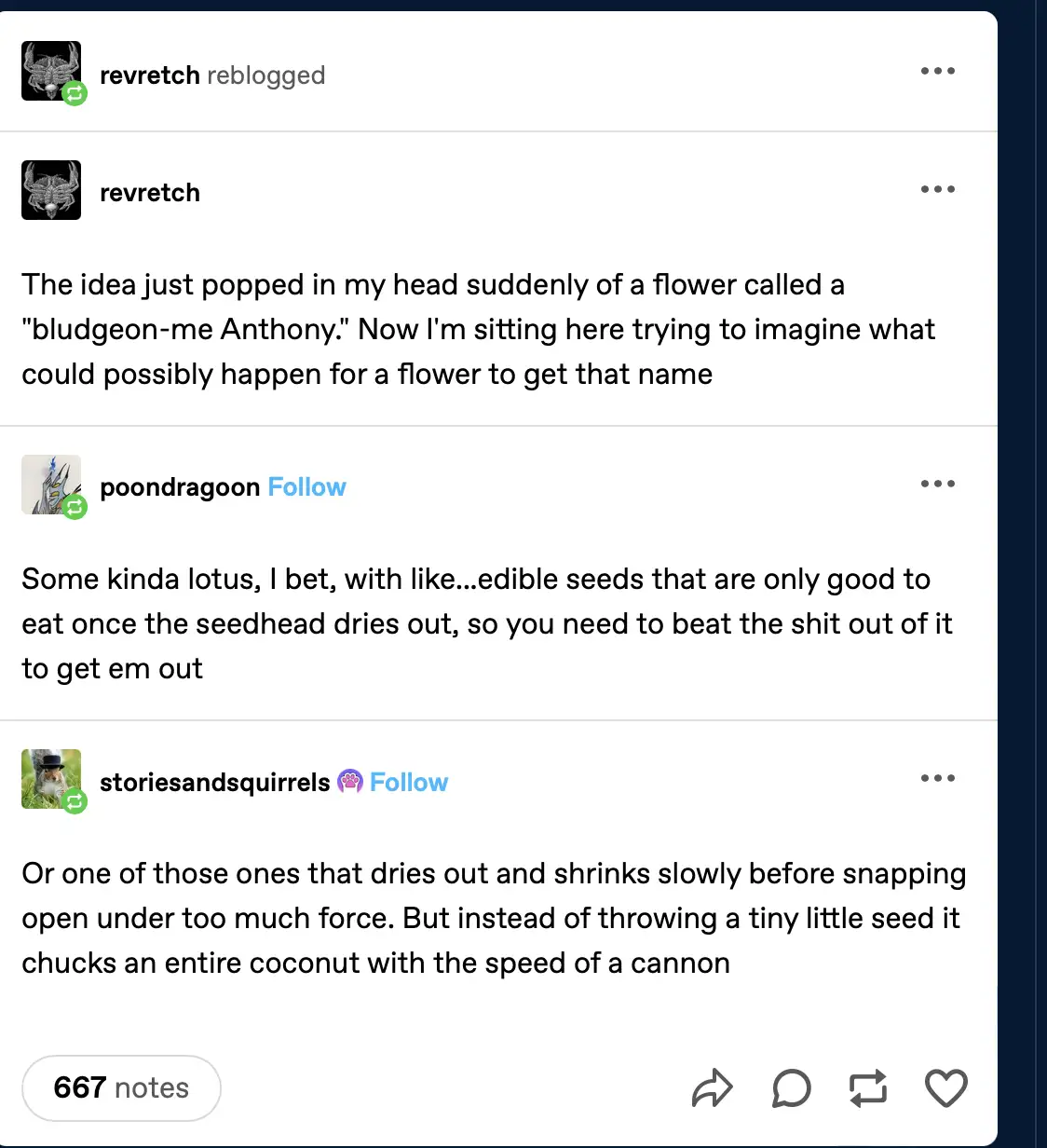 A screenshot of a Tumblr thread where user 'revretch' posts about imagining a flower named 'bludgeon-me Anthony' and asks…