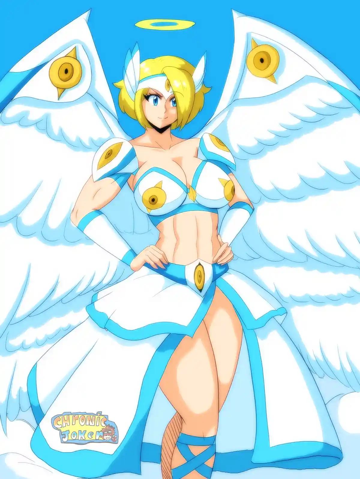 An anime-style illustration of a blonde female character with large white angel wings, a halo, and a blue and white outfit…