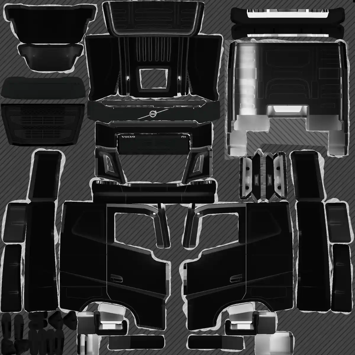 The image displays a black-and-white exploded view of a Volvo FH truck, showing all its individual parts laid out flat…