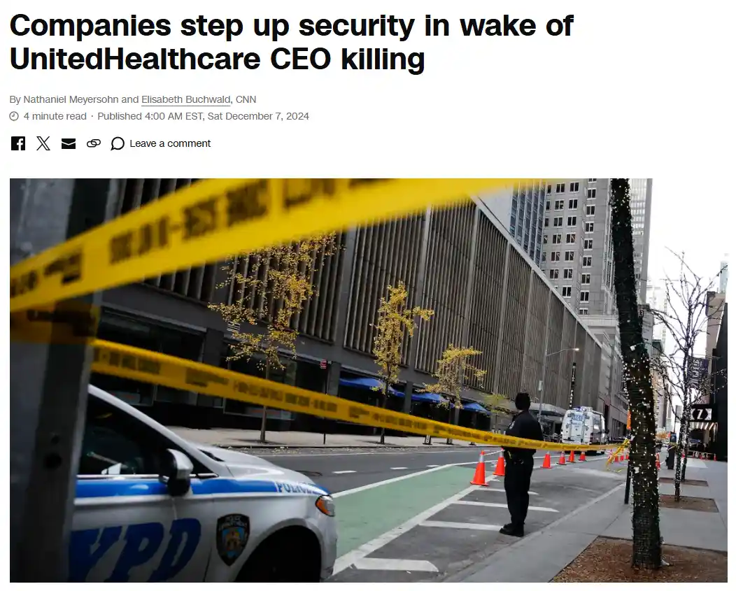 A screenshot of a CNN news article with the headline 'Companies step up security in wake of UnitedHealthcare CEO killing'…