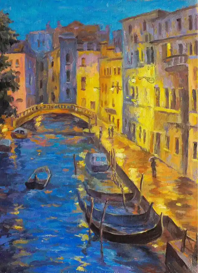 A painting of a Venetian canal at night with gondolas, a bridge, and warmly lit buildings reflecting in blue water; overlaid…