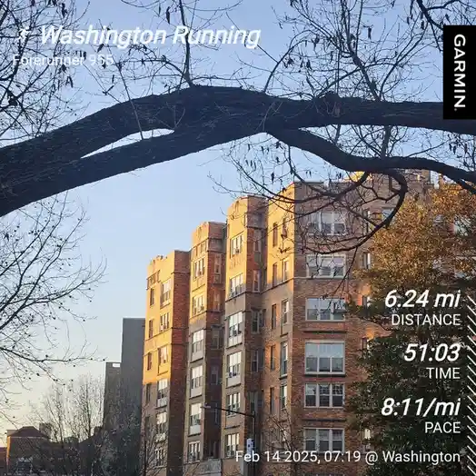 A screenshot from a Garmin Forerunner 955 fitness tracker shows a running route in Washington, with stats of 6.24 miles…