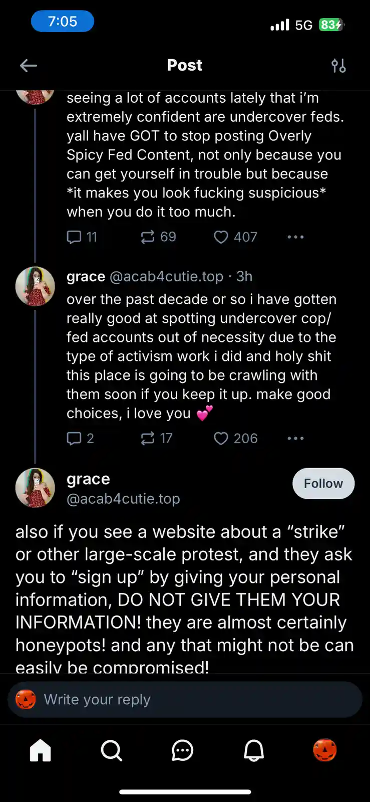 A screenshot of a social media thread where a user warns others about posting 'Overly Spicy Fed Content' as it makes them…