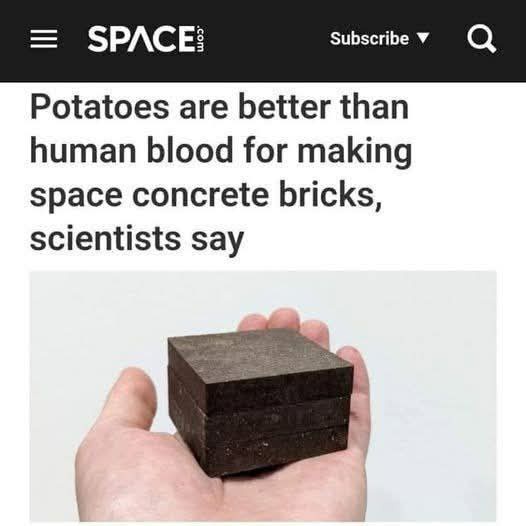 A screenshot of a SPACE.com article headline overlaid on an image of a hand holding three dark brown, rectangular bricks…
