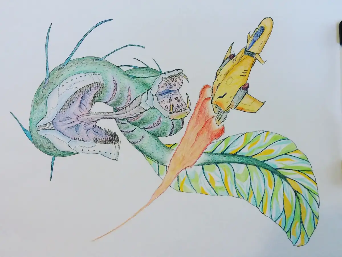 A hand-drawn illustration shows a large, green, multi-mouthed monster with sharp teeth and spiky appendages, seemingly…