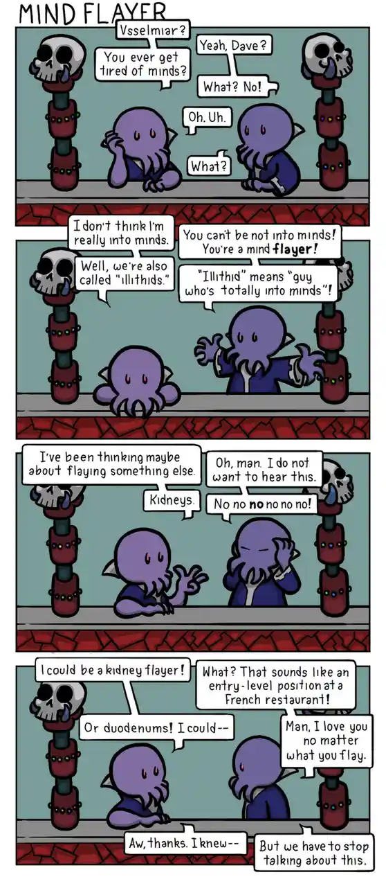 A four-panel comic strip featuring two purple, octopus-like mind flayers having a conversation. One asks if the other gets…