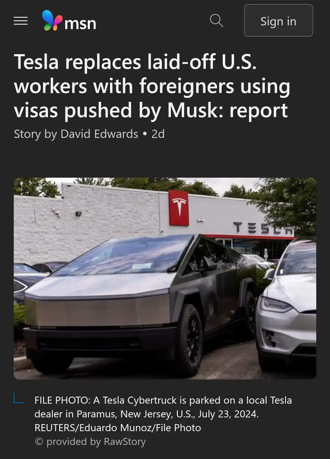An msn news article screenshot shows a Tesla Cybertruck parked in front of a Tesla dealership. The headline reads 'Tesla…