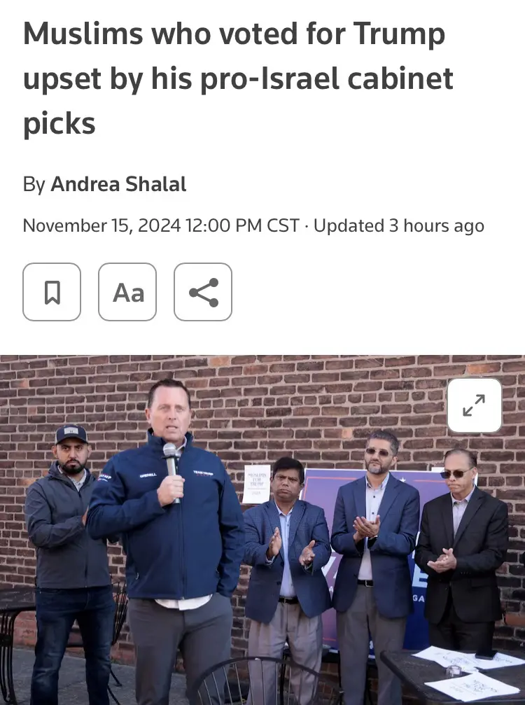 A screenshot of a news article header showing the headline 'Muslims who voted for Trump upset by his pro-Israel cabinet…