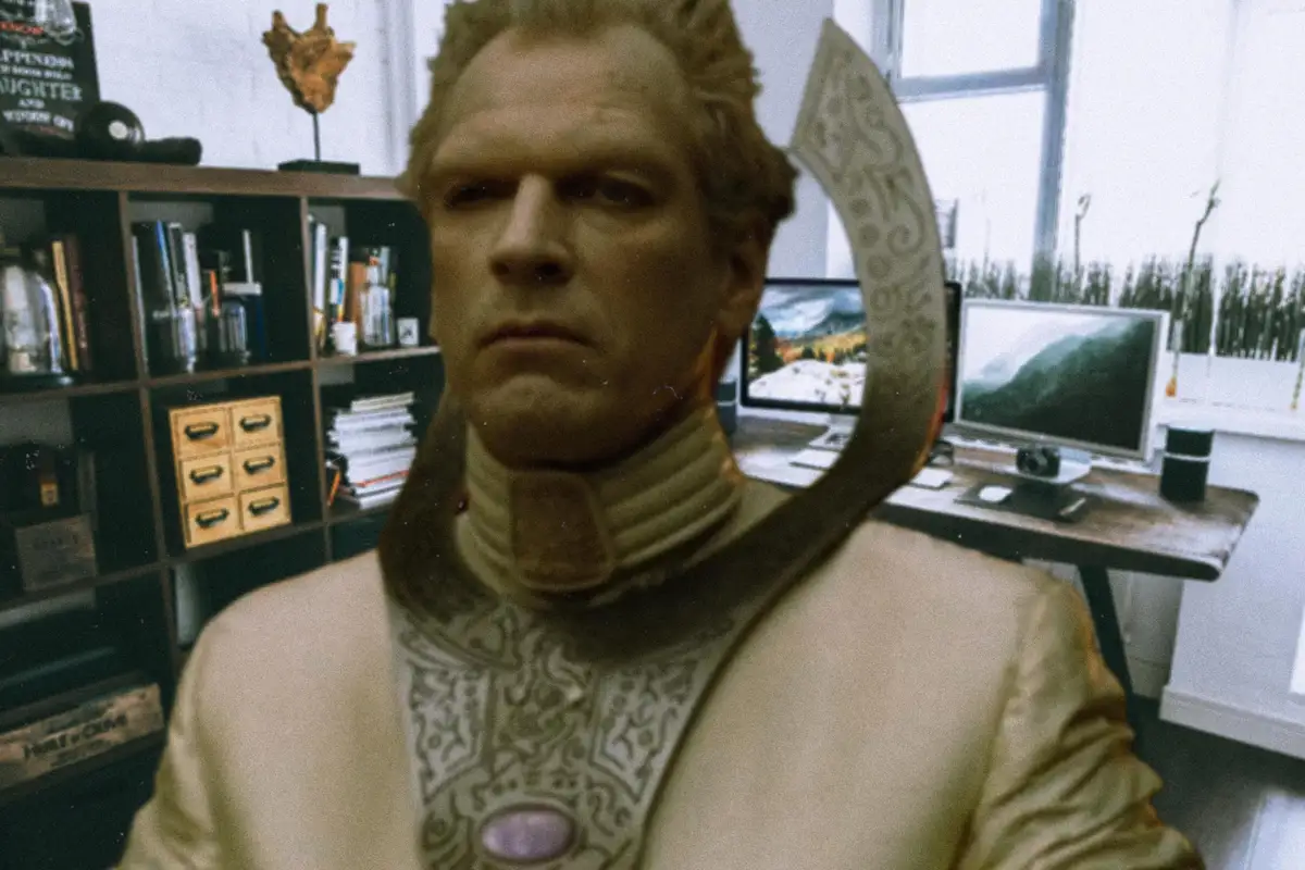A man with a stern expression, wearing a beige, ornate robe with a high collar and a decorative pendant, sits in a modern…