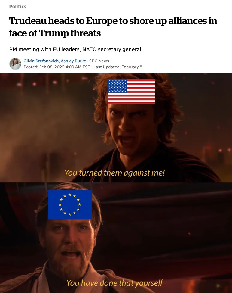 The image is a two-panel meme using scenes from Star Wars. The top panel shows a character with an American flag over their…