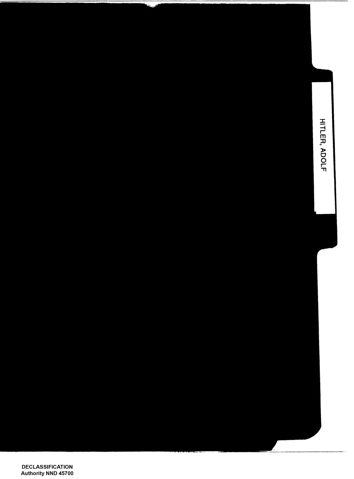 A black file folder with a white label on its tab that reads 'HITLER, ADOLF' in capital letters. At the bottom left corner…
