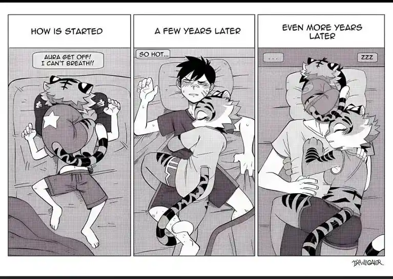 A three-panel black-and-white comic strip shows a tiger-striped character initially struggling to breathe while being hugged…