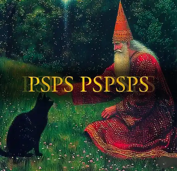 A painting depicts a bearded wizard in a red robe and pointed hat sitting in a grassy field at night, extending his hand…