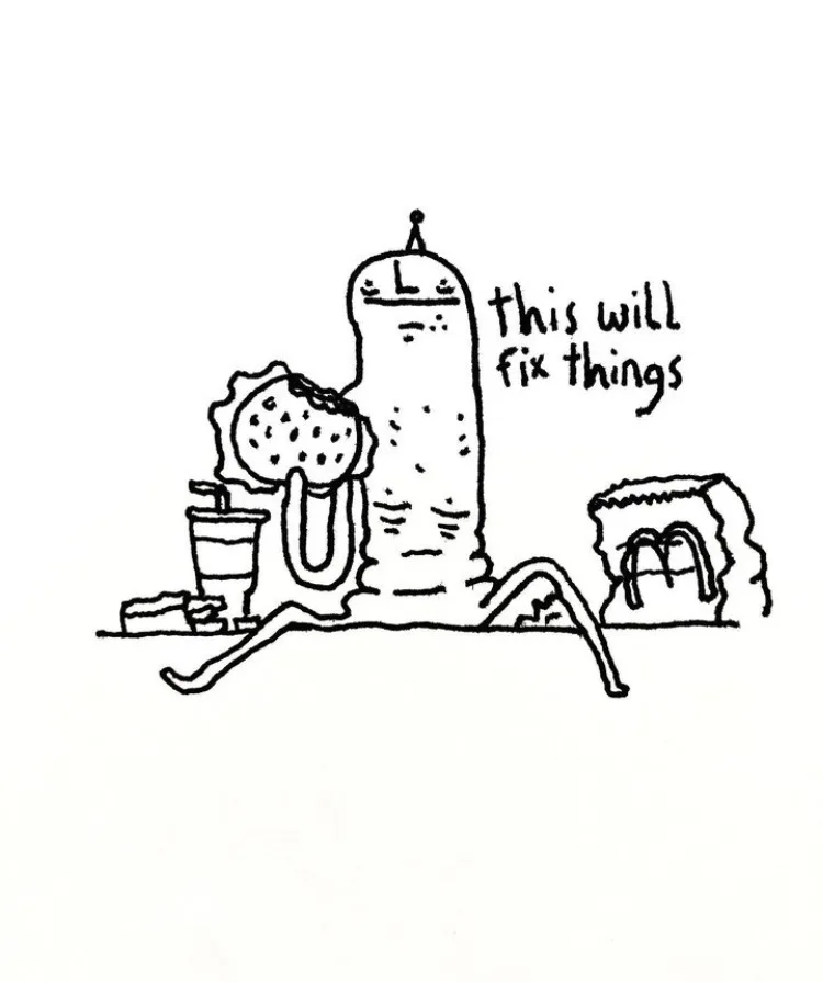A black-and-white line drawing shows a tall, cylindrical, sad-looking creature with a small antenna and drooping legs…