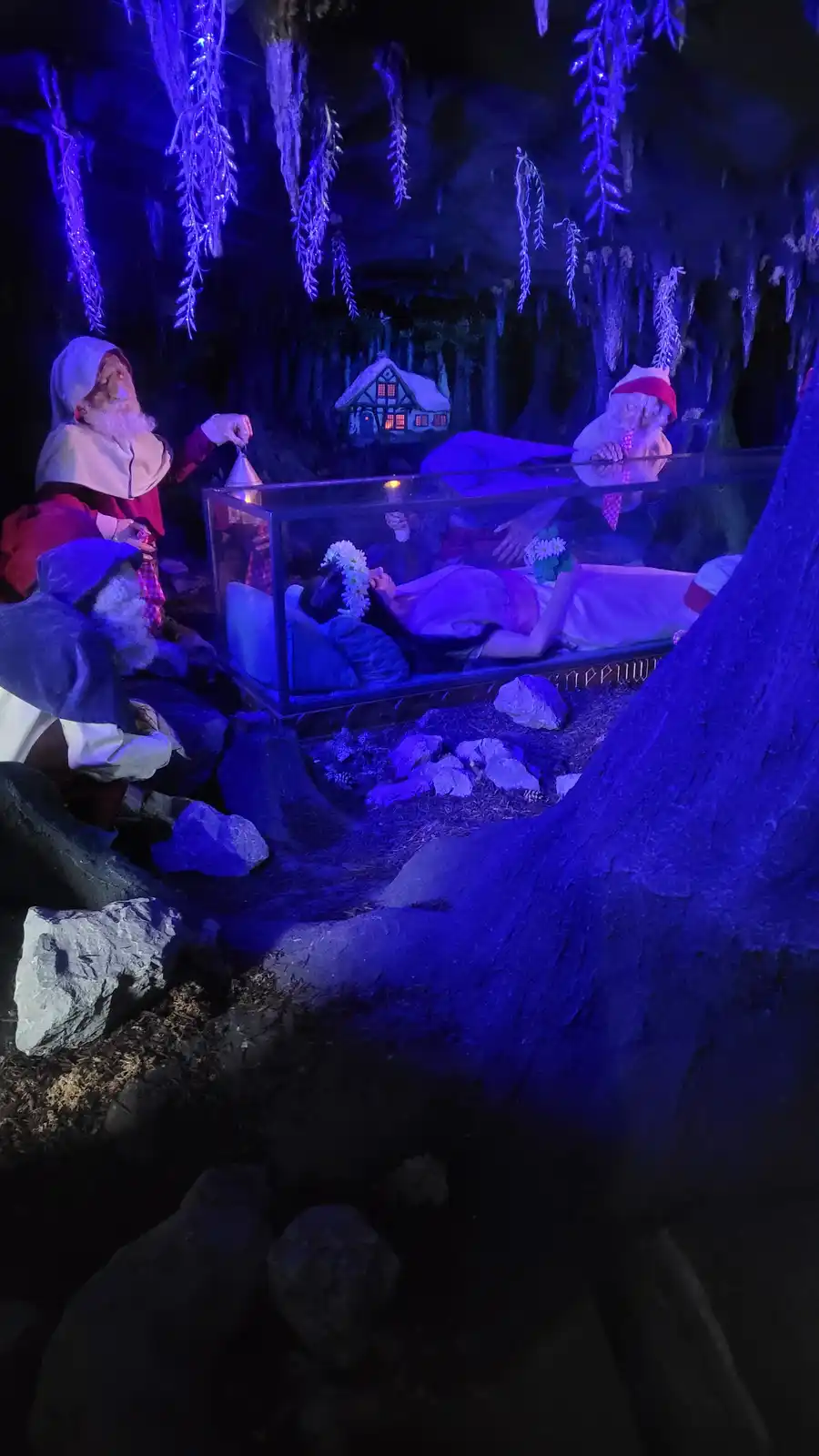 A woman lies asleep inside a glass coffin in a dark, cave-like setting illuminated by blue lights, surrounded by dwarf…