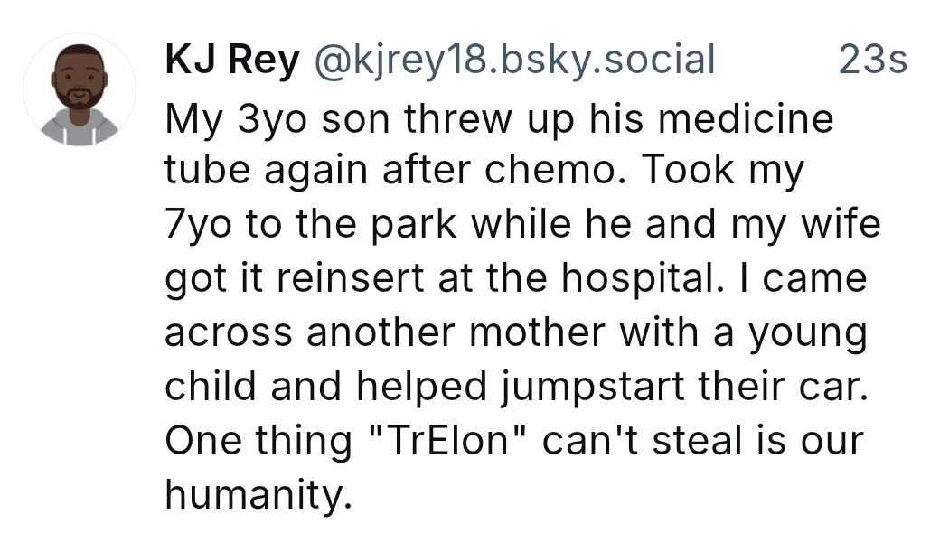 A screenshot of a social media post by KJ Rey showing a text message about a parent's experience with their child undergoing…