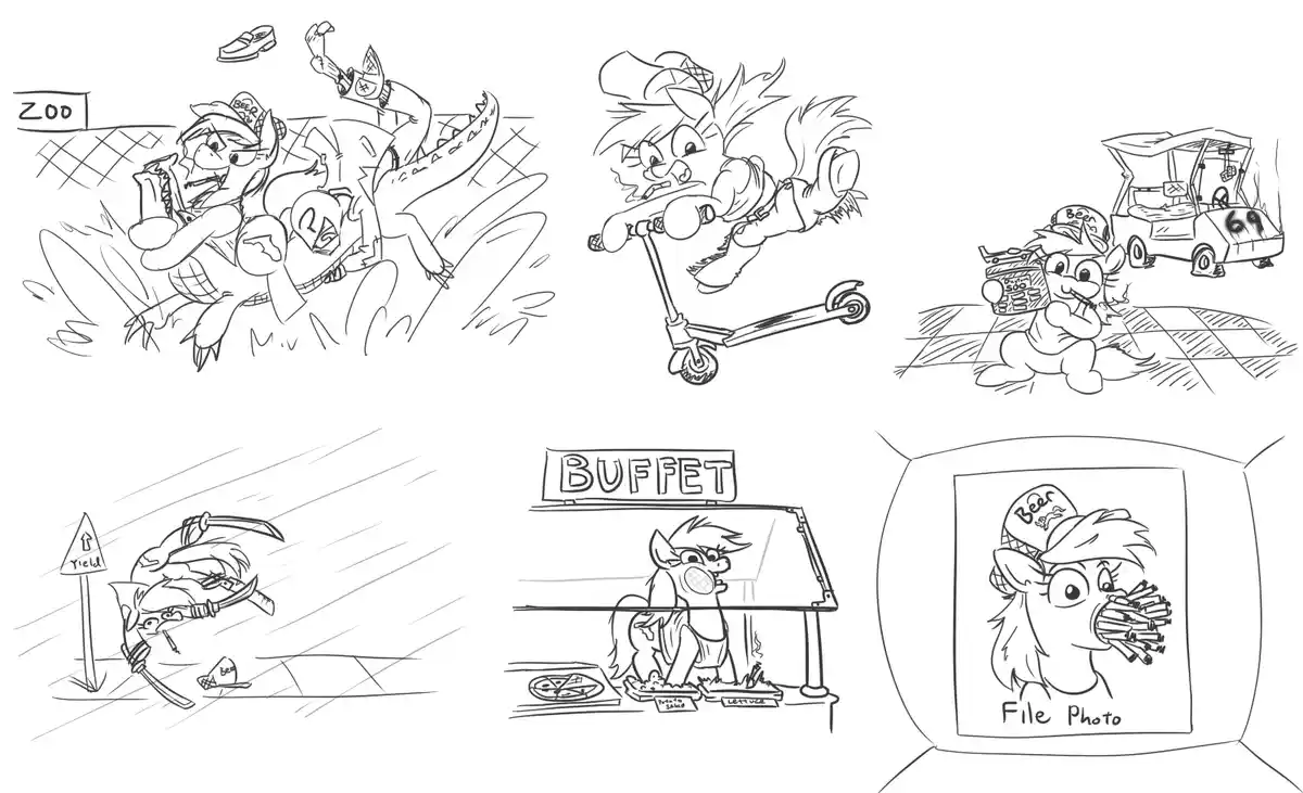 A black-and-white comic strip shows a cartoon pony in six chaotic scenes: riding a crocodile at a zoo, speeding on a…