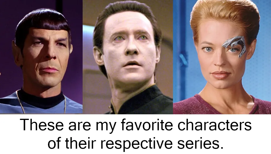 The image displays three characters from science fiction TV shows: Spock from Star Trek (left), a man with a surprised…