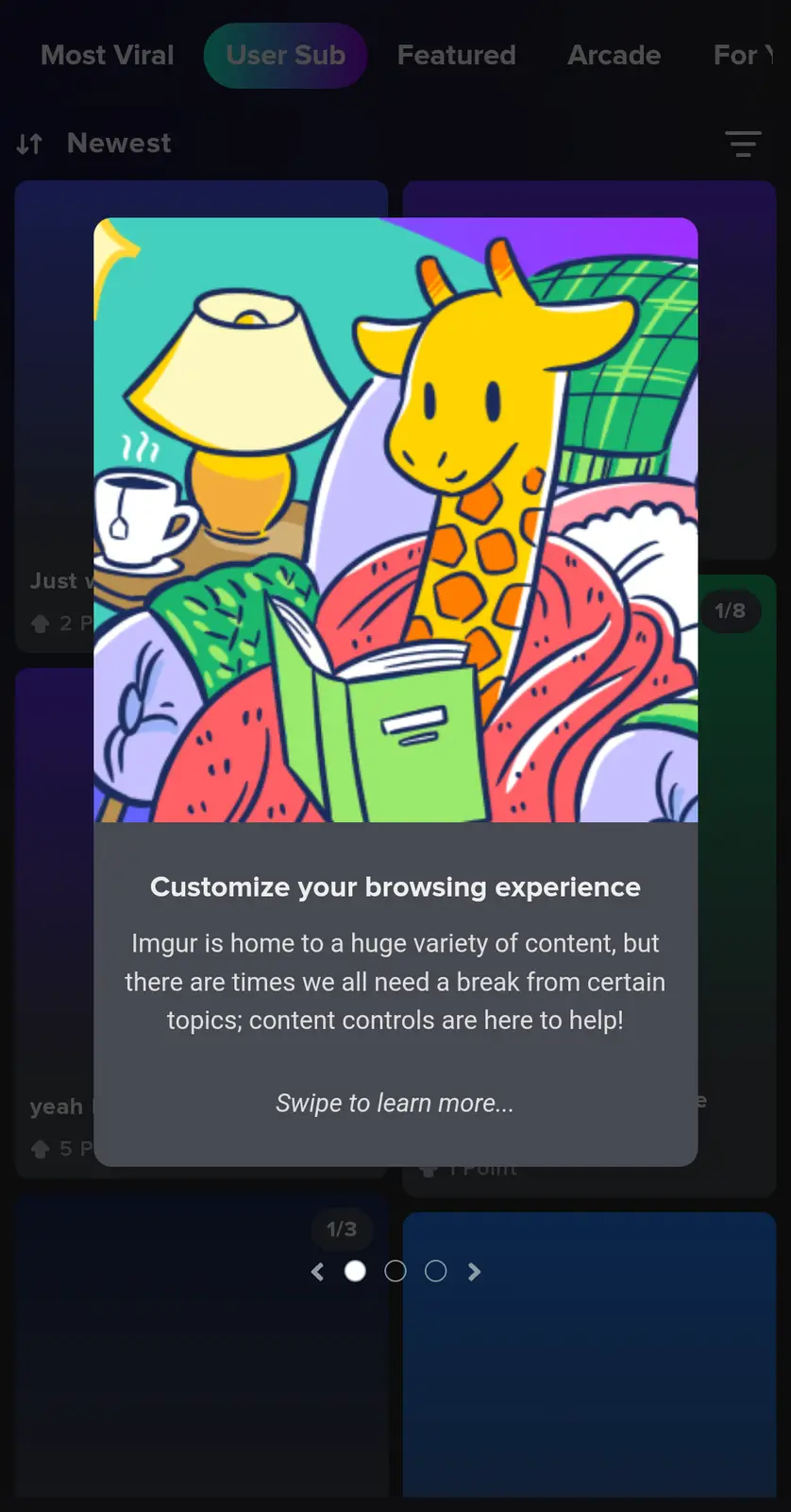 A colorful cartoon image shows a yellow giraffe sitting comfortably in a cozy, cluttered room with a lamp, a steaming…