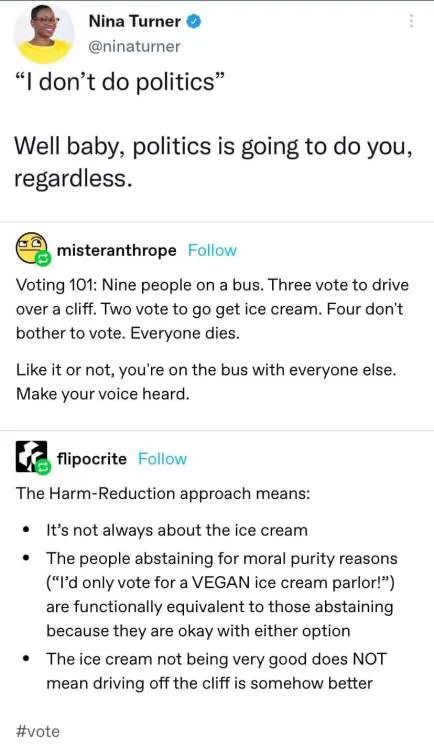 A screenshot of a Twitter thread featuring a quote from Nina Turner saying 'I don't do politics' followed by 'Well baby…