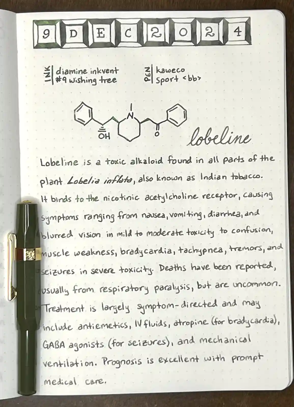 A handwritten page in a dotted notebook dated 9 DEC 2024, detailing the chemical structure and medical information about…