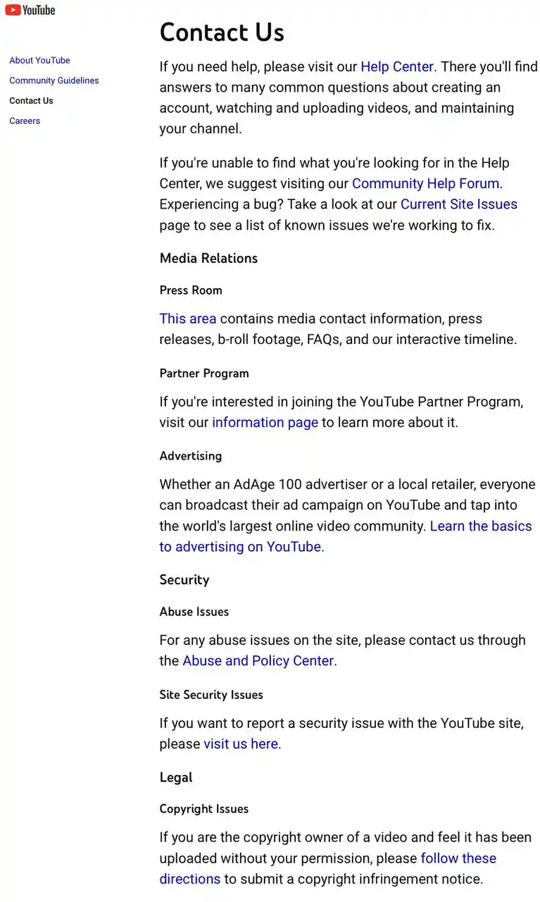 The image displays a screenshot of YouTube's 'Contact Us' page, which lists various support and information links. The text…