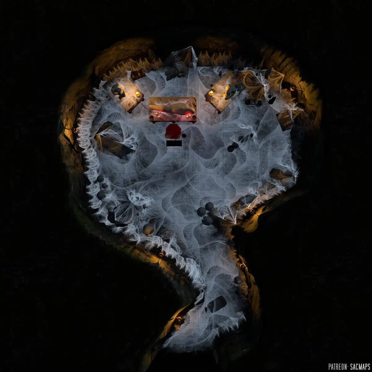 An overhead view of a dark, spiderweb-covered dungeon room with torches, coffins, and a central red altar. The overlaid text…