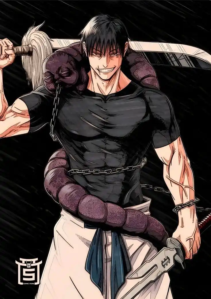 A muscular anime man with black hair and a wide grin holds a sword over his shoulder while a large purple snake wraps around…