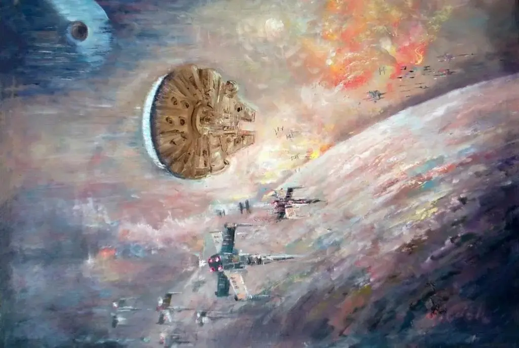 A painted space battle scene featuring the Millennium Falcon, X-wing fighters, and TIE fighters near a planet and the Death…