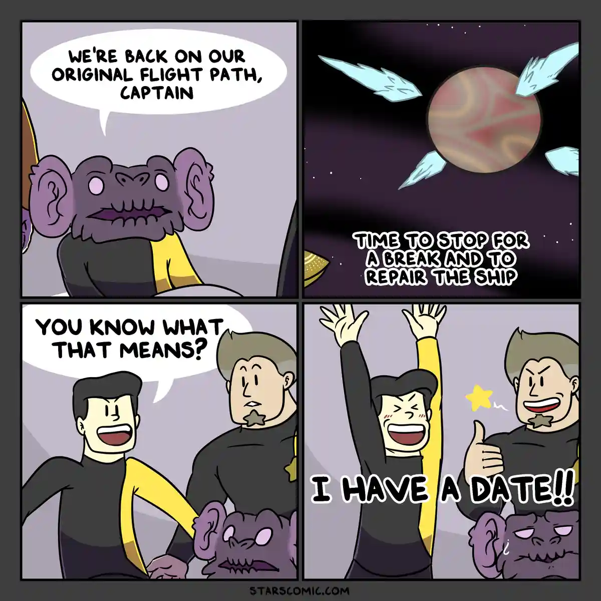 A four-panel comic strip shows a purple, bat-like alien pilot reporting to a human captain that they're back on their…