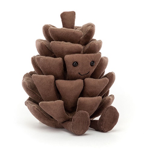 A brown, plush, stuffed pinecone toy with a smiling face and small black eyes, sitting upright on a plain white background…
