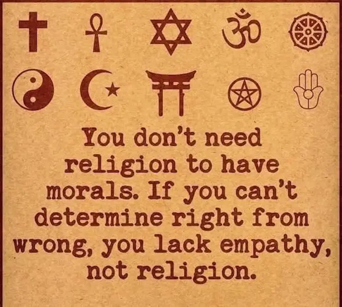 An image displays a grid of ten religious and spiritual symbols including a cross, ankh, Star of David, Om, Dharma wheel…